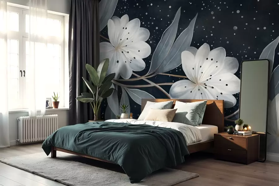 wall murals Fantasy textured white flowers, surrounded by blue-green leaves and branches against a dark background w09551