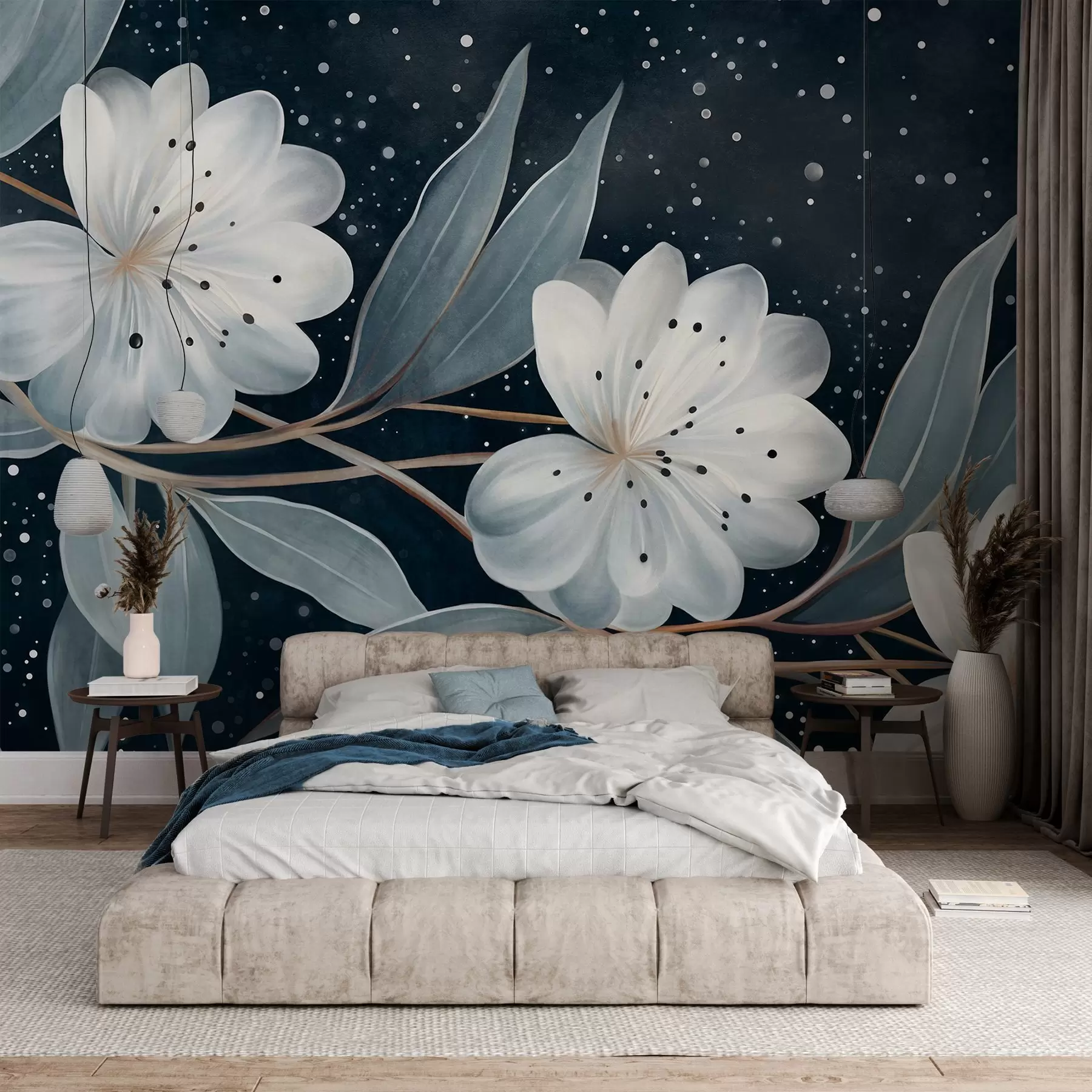 wall murals Fantasy textured white flowers, surrounded by blue-green leaves and branches against a dark background w09551