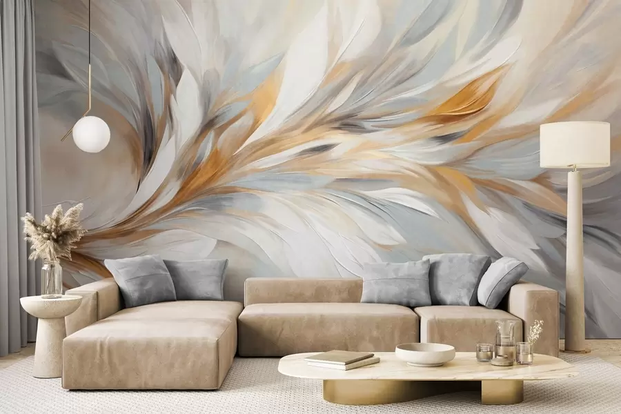 wall murals Abstract painting style with white, yellow and gray textured brushstrokes with a soft, light background w09552