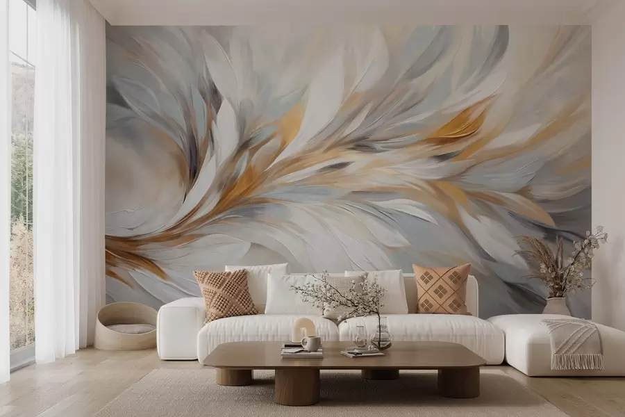 wall murals Abstract painting style with white, yellow and gray textured brushstrokes with a soft, light background w09552