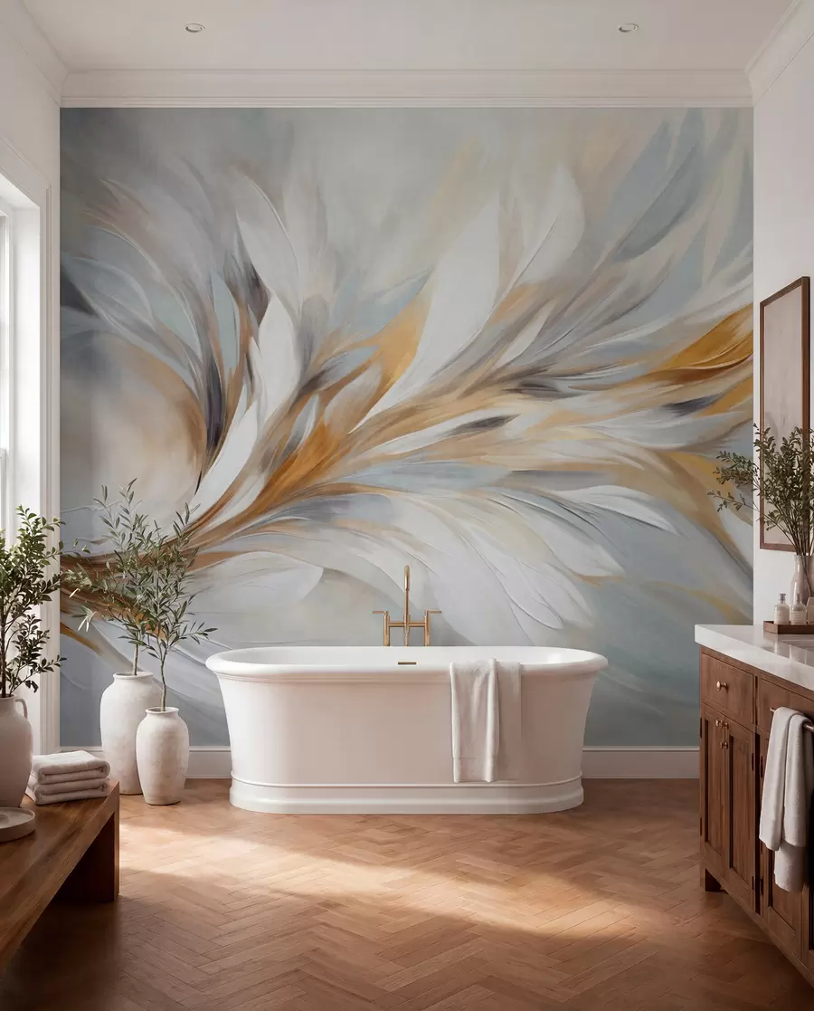 wall murals Abstract painting style with white, yellow and gray textured brushstrokes with a soft, light background w09552