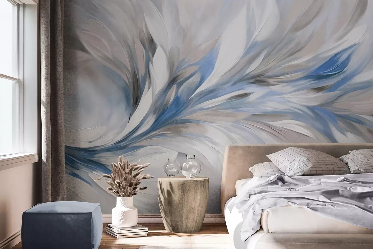 wall murals Abstract painting style with white, blue and gray textured brushstrokes with a soft, light background w09552v1