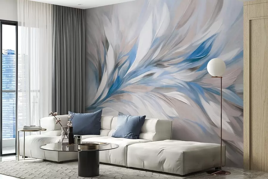 wall murals Abstract painting style with white, blue and gray textured brushstrokes with a soft, light background w09552v1