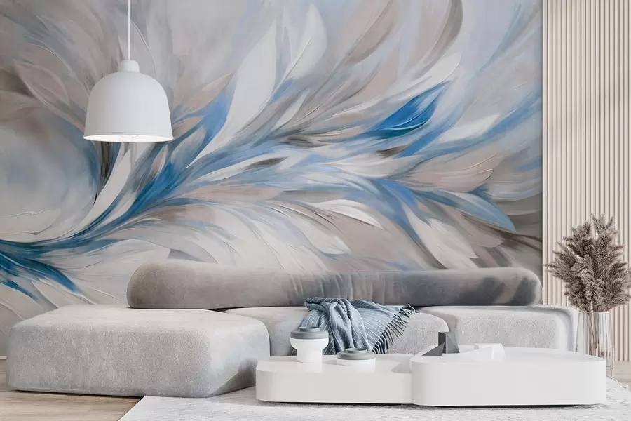 wall murals Abstract painting style with white, blue and gray textured brushstrokes with a soft, light background w09552v1