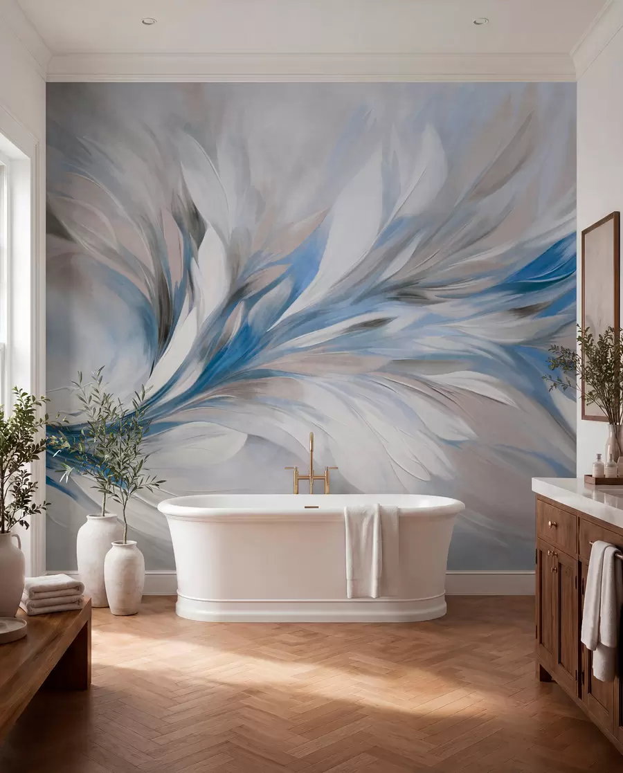 wall murals Abstract painting style with white, blue and gray textured brushstrokes with a soft, light background w09552v1