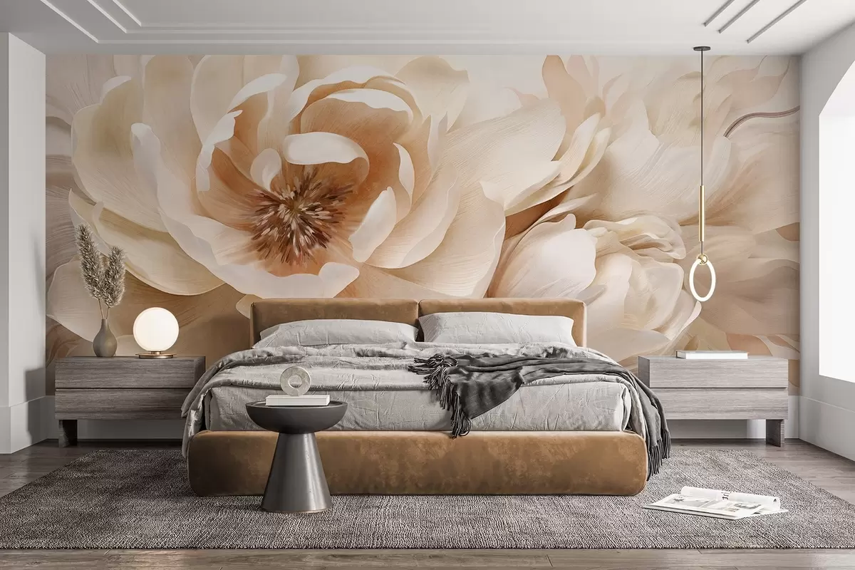 wall murals Creamy textured peonies with brown centers and leaves on a blurred light abstract background w09554