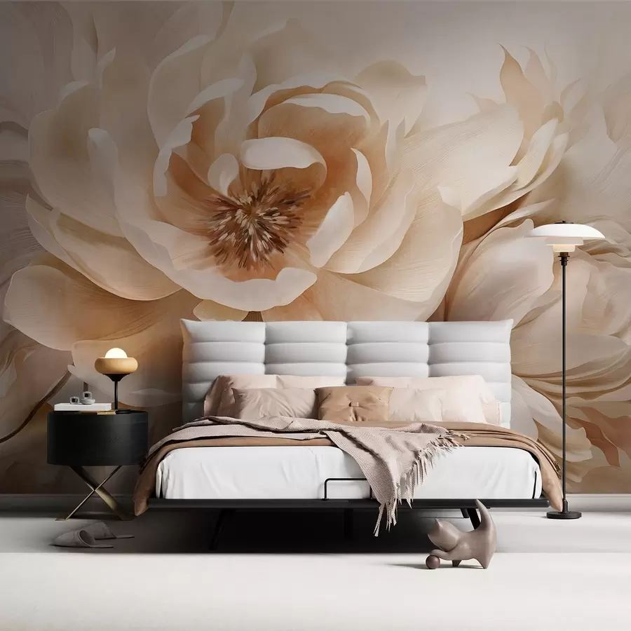 wall murals Creamy textured peonies with brown centers and leaves on a blurred light abstract background w09554