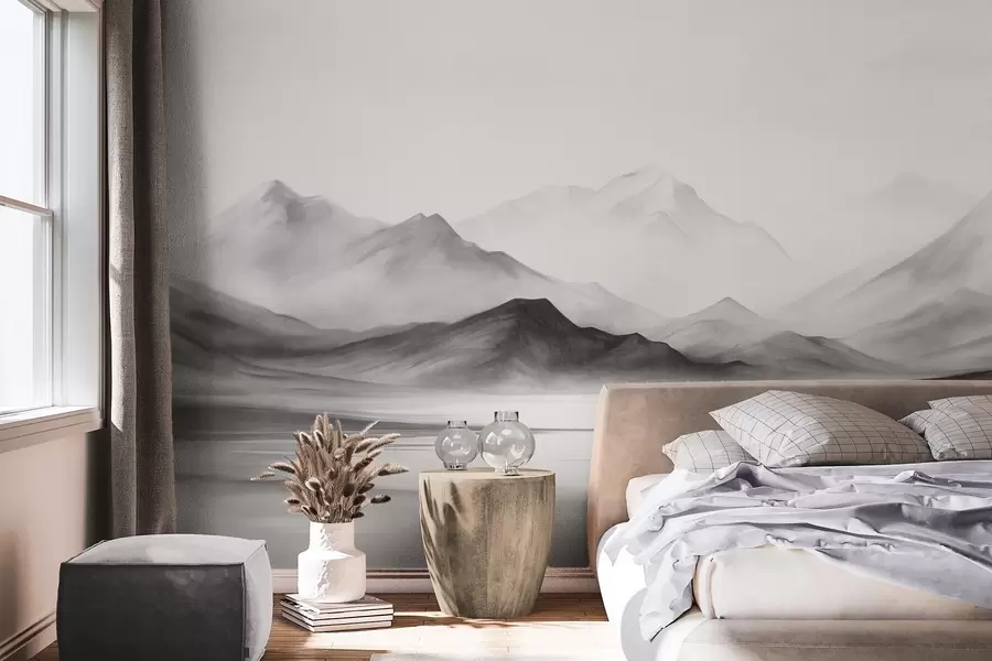 wall murals A monochromatic textured landscape with misty mountains and a lake in the foreground w09555