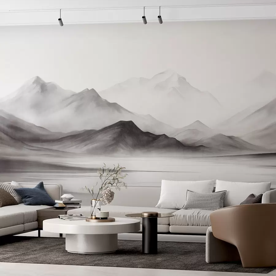 wall murals A monochromatic textured landscape with misty mountains and a lake in the foreground w09555