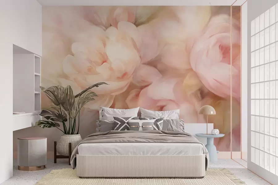 wall murals Blured pale pink and cream peonies with soft, painterly brushstrokes imitation, creating a textured floral arrangement w09556