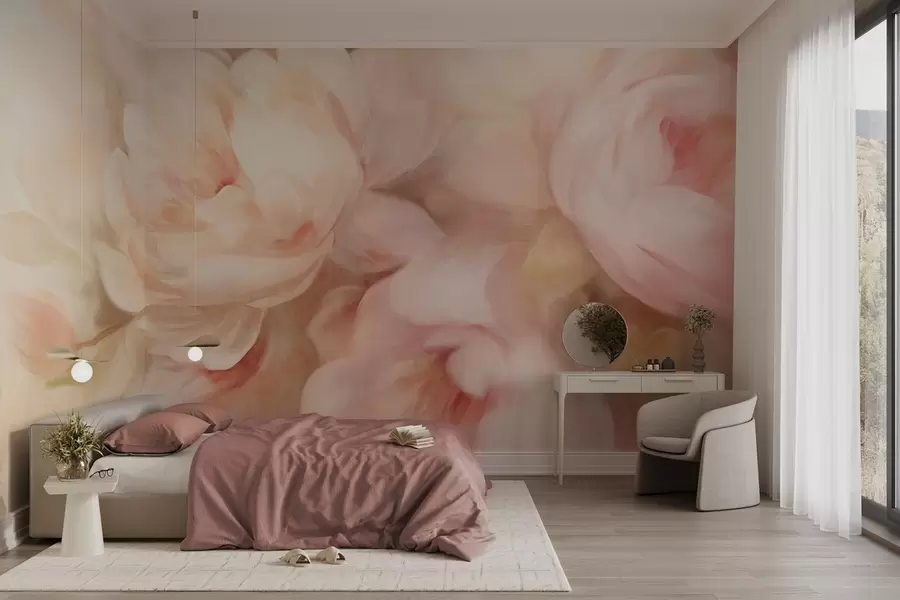 wall murals Blured pale pink and cream peonies with soft, painterly brushstrokes imitation, creating a textured floral arrangement w09556