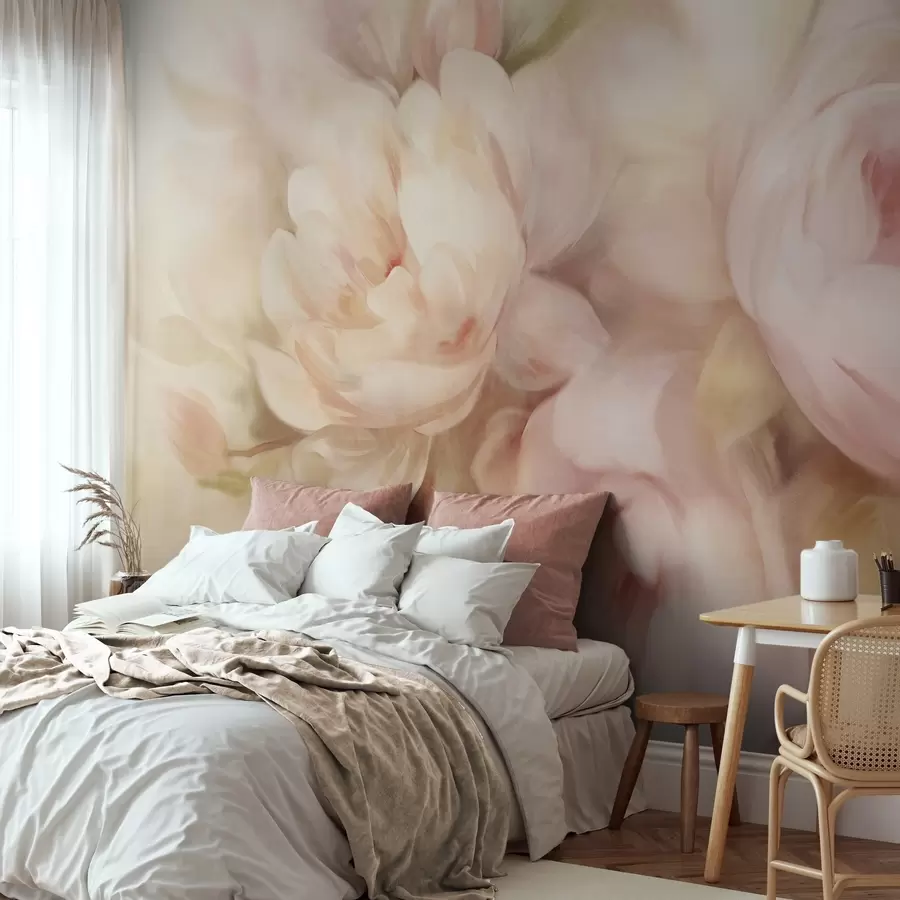 wall murals Blured pale pink and cream peonies with soft, painterly brushstrokes imitation, creating a textured floral arrangement w09556