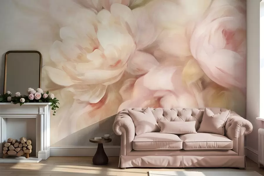wall murals Blured pale pink and cream peonies with soft, painterly brushstrokes imitation, creating a textured floral arrangement w09556