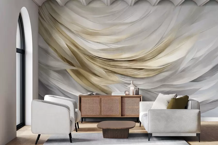 wall murals Abstract textured white, gray and yellow feathers, creating a flowing, layered pattern against a light background w09557