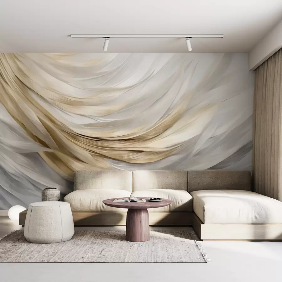 wall murals Abstract textured white, gray and yellow feathers, creating a flowing, layered pattern against a light background w09557