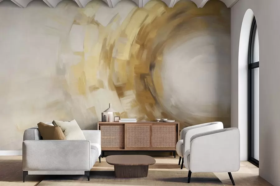 wall murals Abstract painting imitation with circular textured brushstrokes in yellow and white, creating a sense of movement w09558