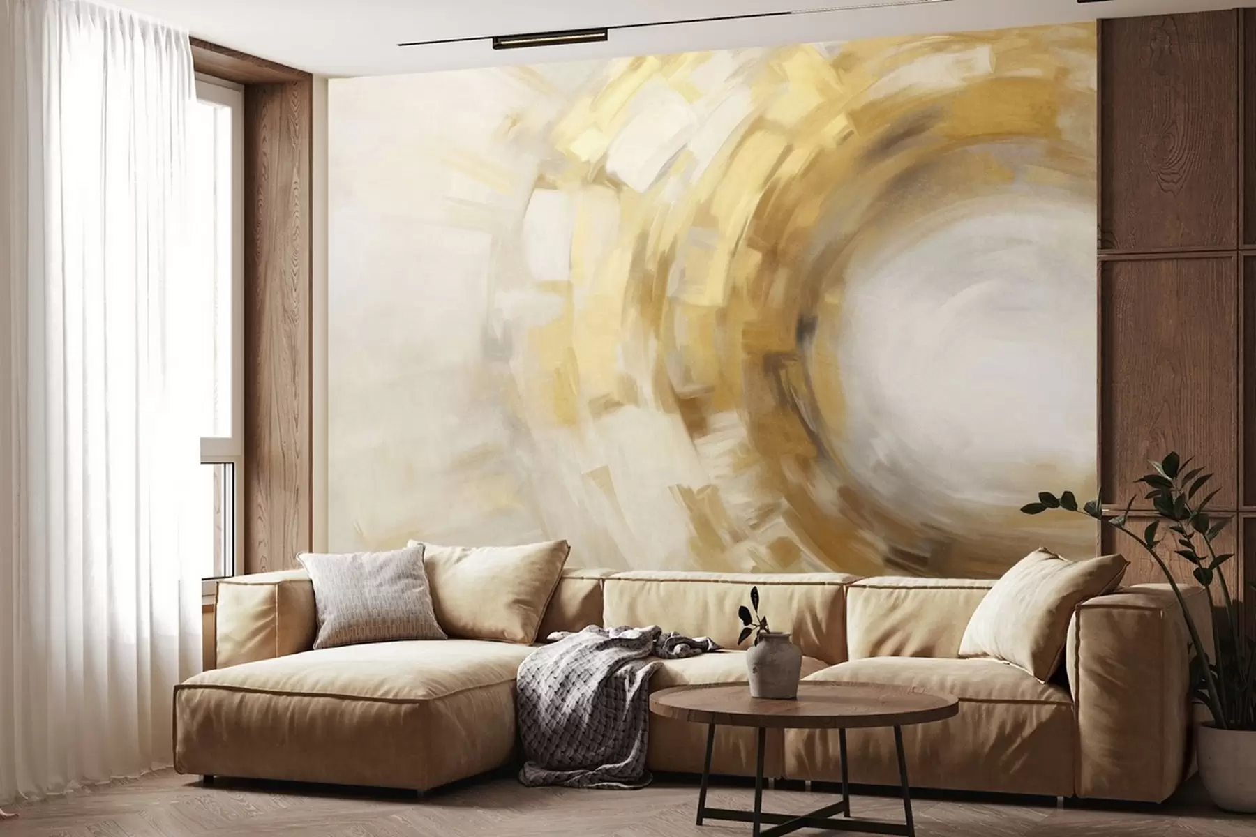 wall murals Abstract painting imitation with circular textured brushstrokes in yellow and white, creating a sense of movement w09558