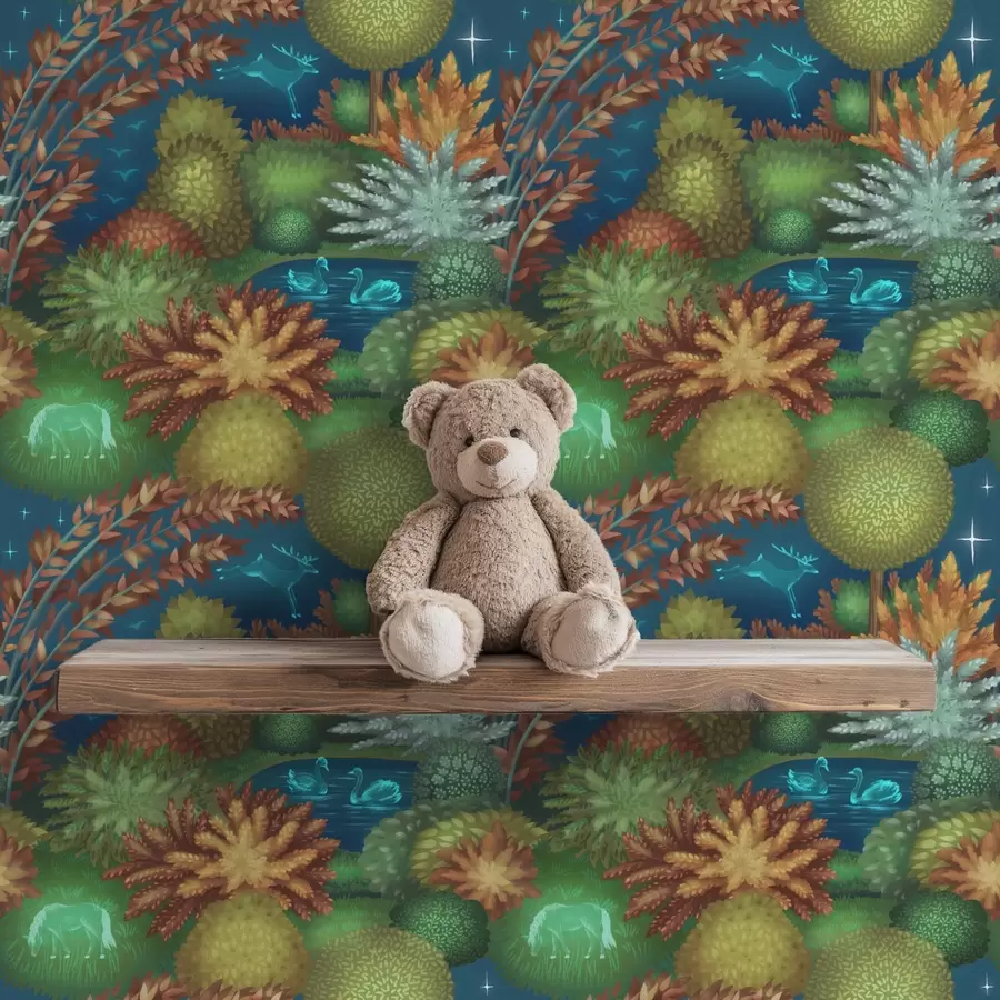 wall murals Fairytale night garden with a lake and glowing animals a00851