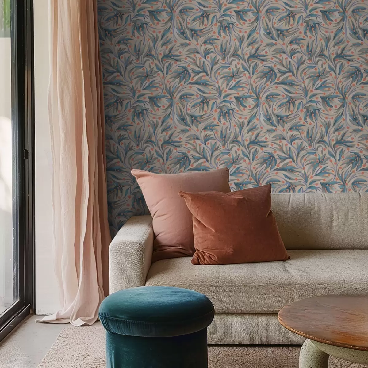 Wallpaper Abstract blue foliage with coral flowers a00852