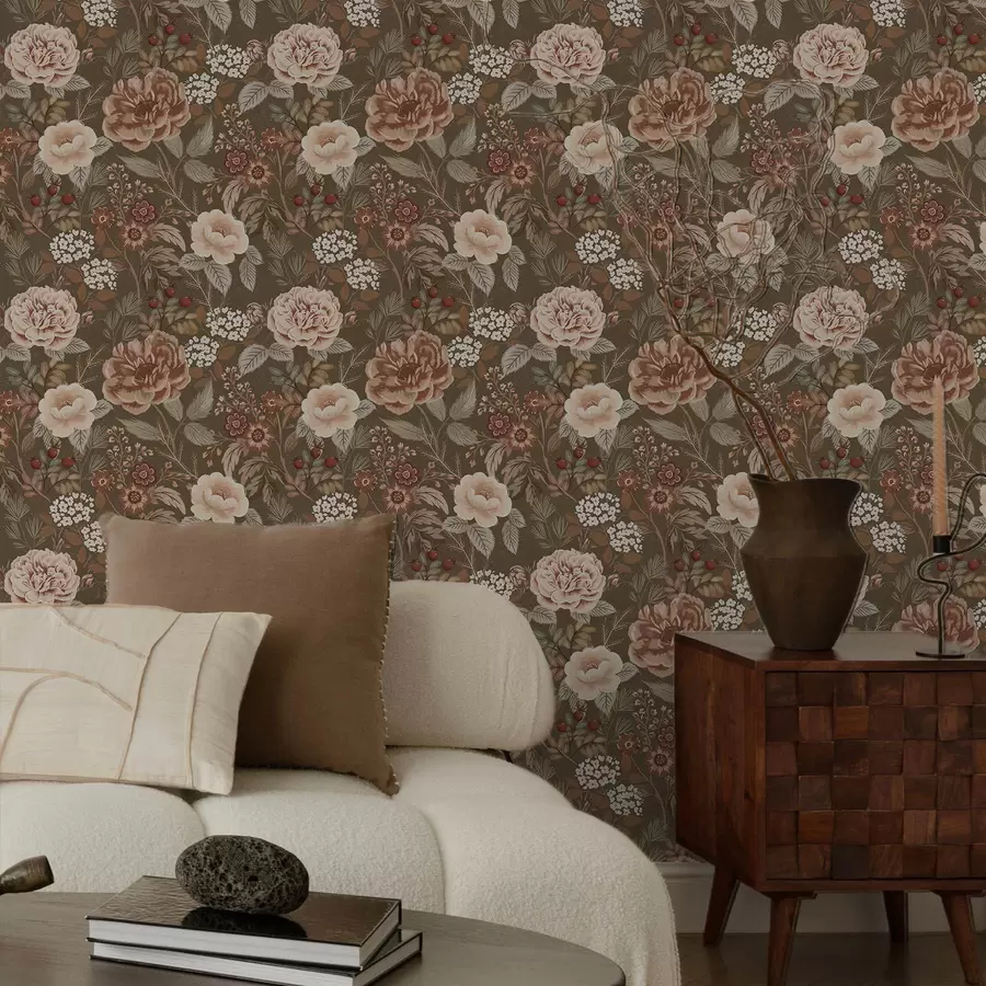 wall murals Warm roses and berries on a brown background a00868