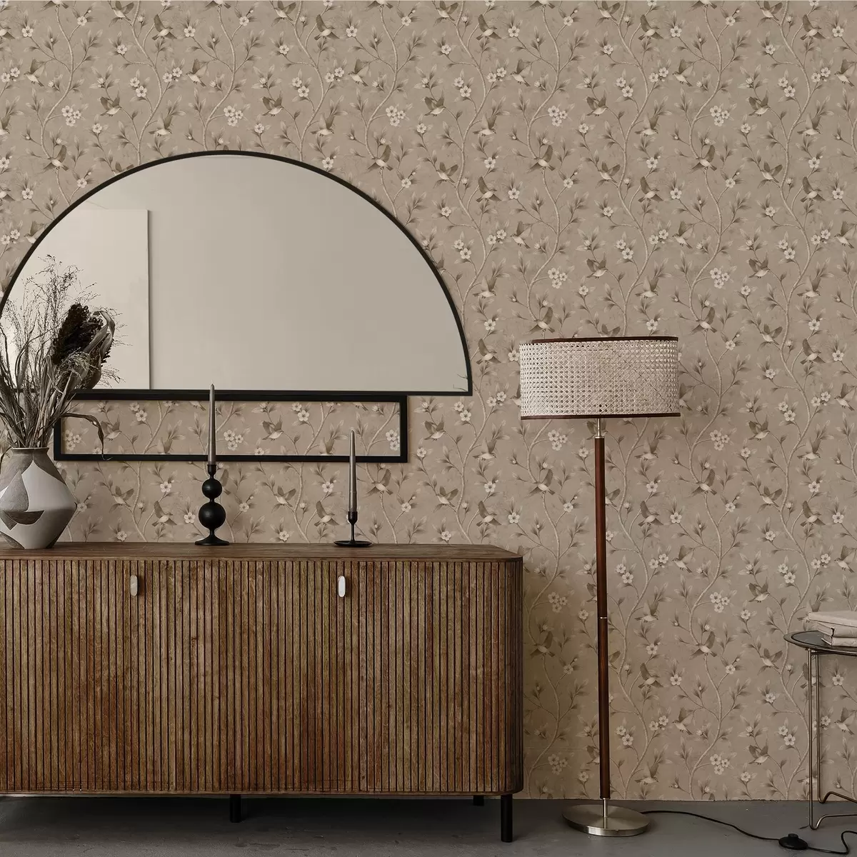 Wallpaper Birds and blooming branches in warm sepia tones a00882