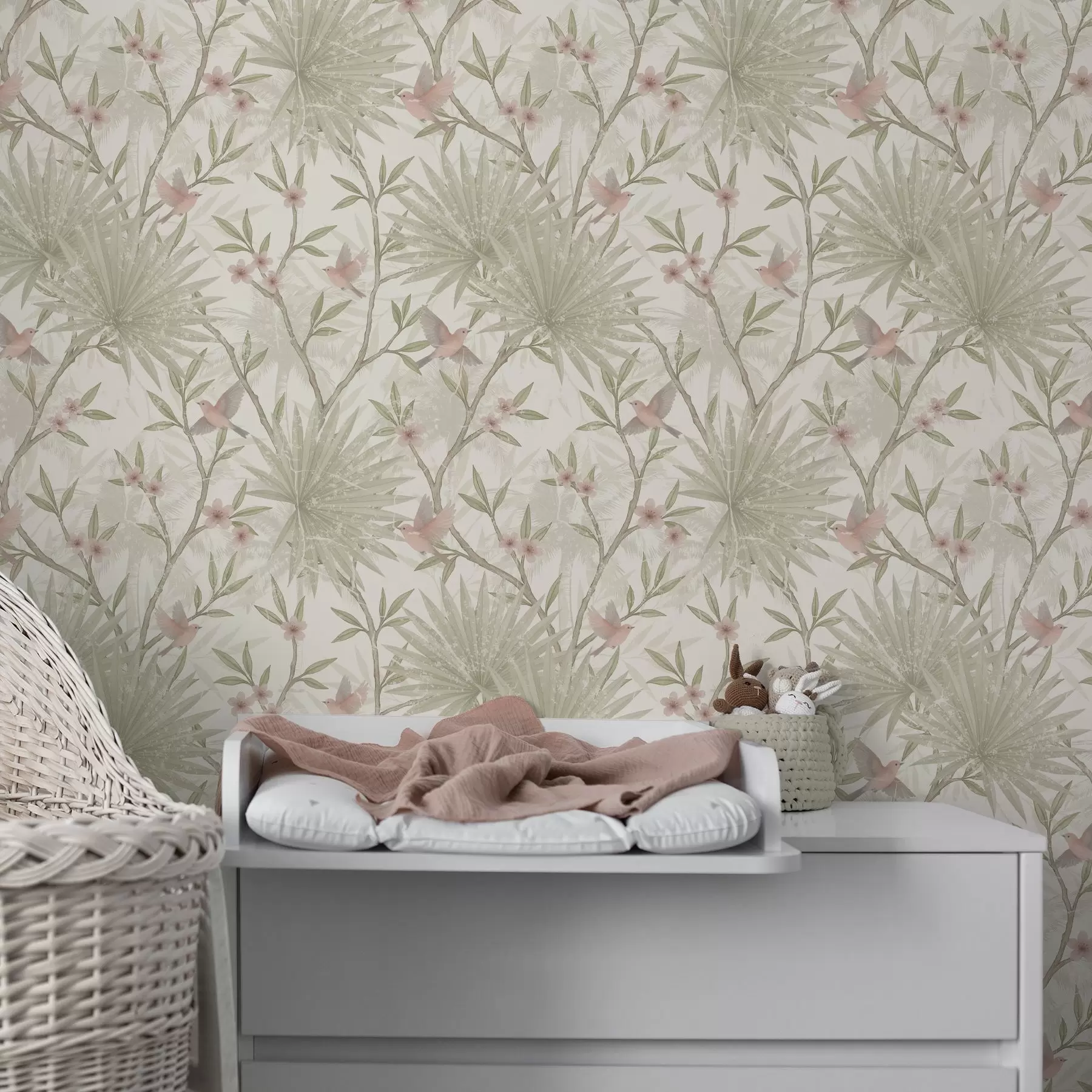 wall murals Delicate pink birds among palm leaves a00883