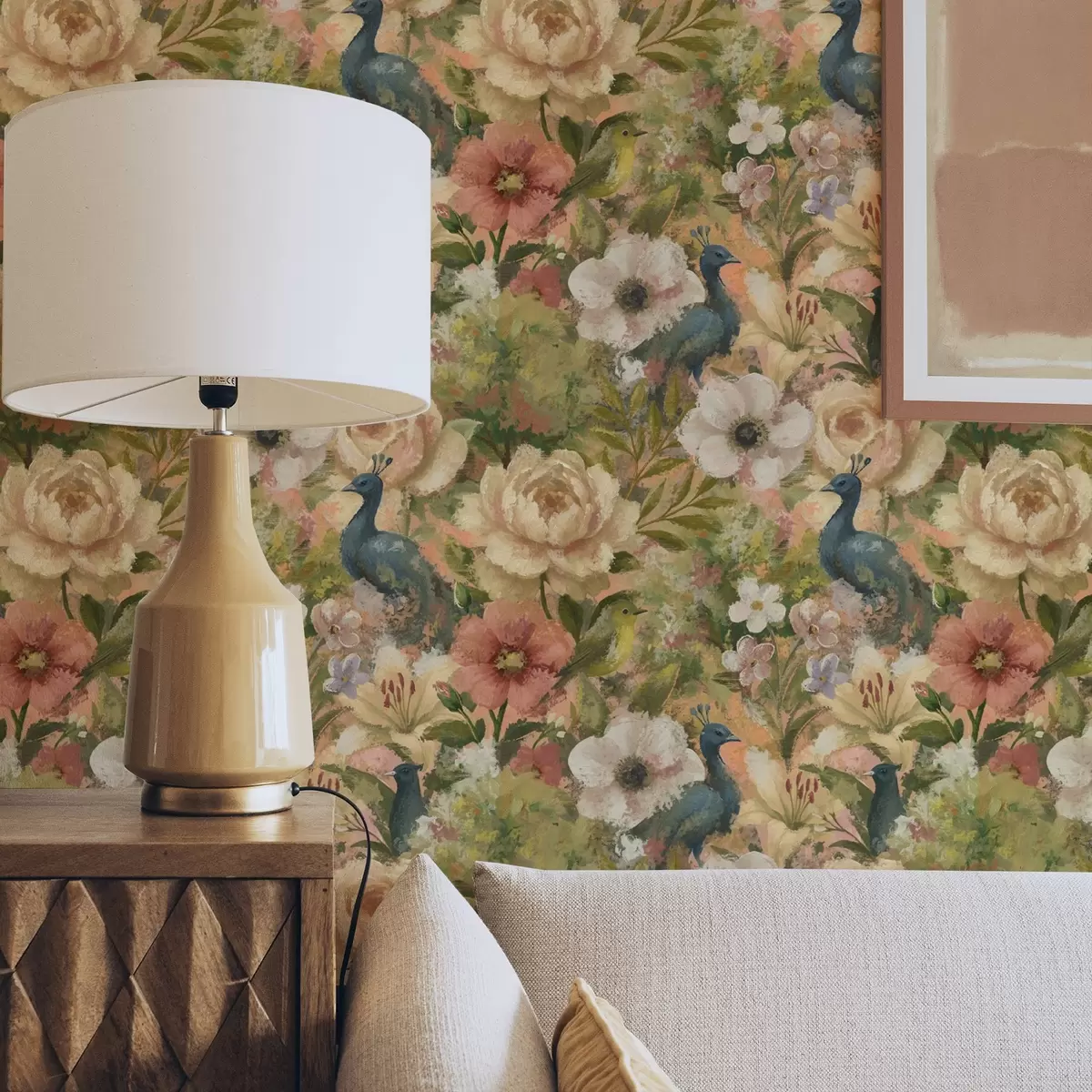 Wallpaper Painterly garden with peacocks and large flowers a00885