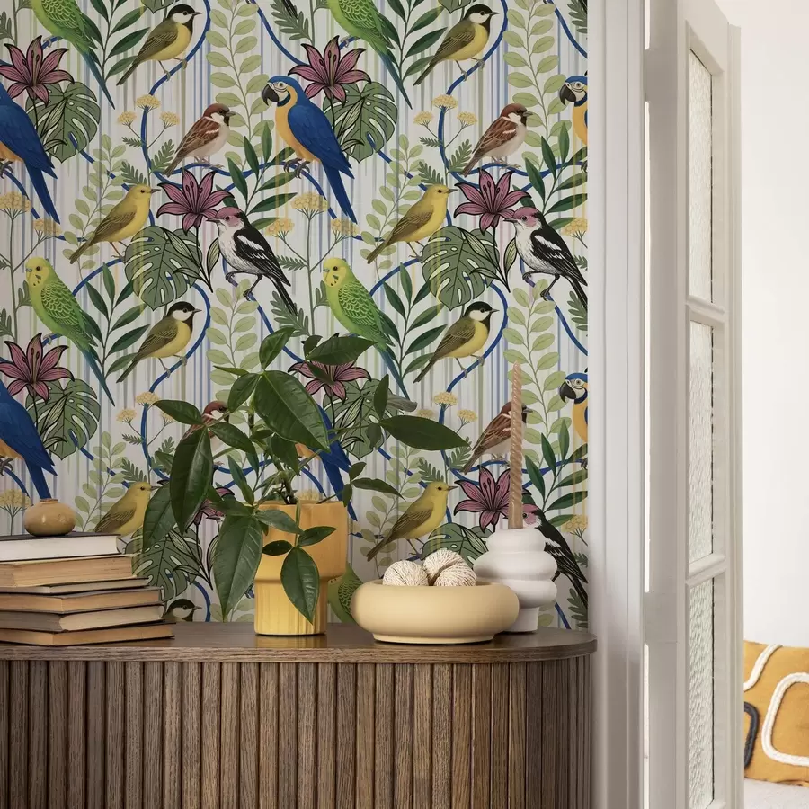 wall murals Bright exotic birds among tropical greenery a00887