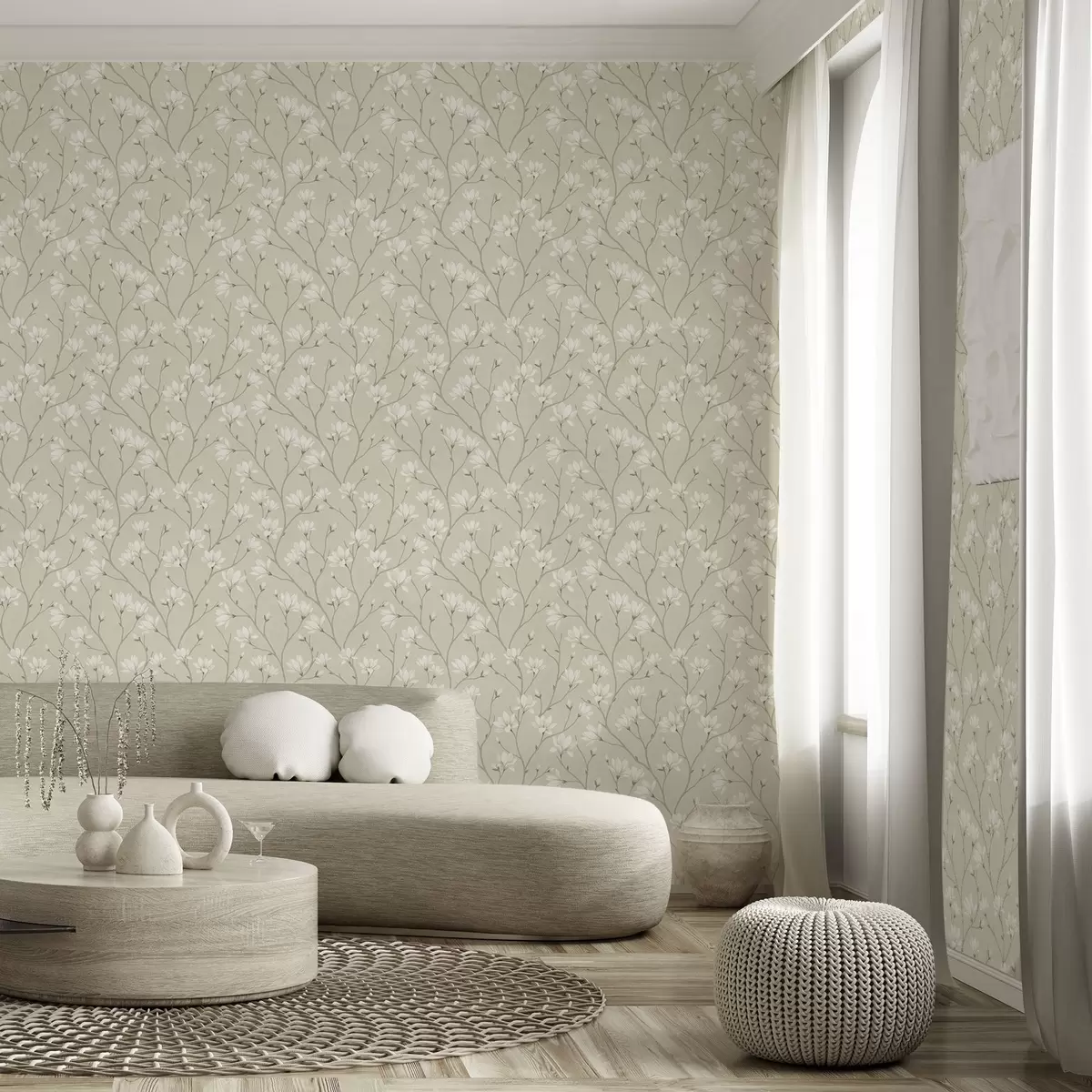 Wallpaper Light magnolias on slender beige branches a00890