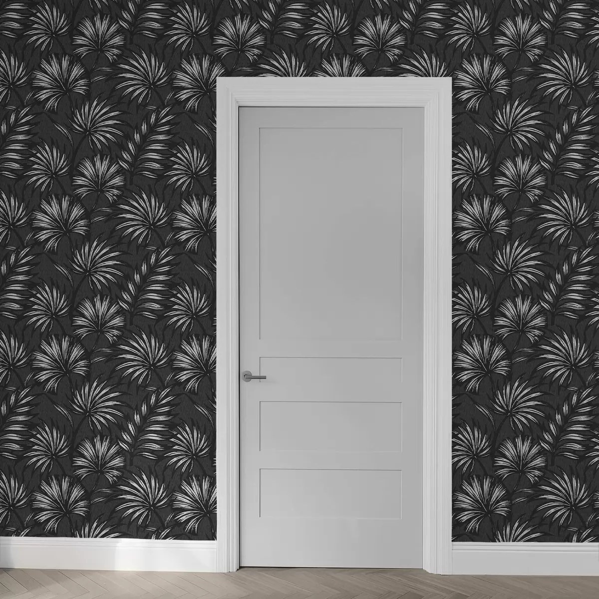 Wallpaper Black and white palm leaves on a dark background a00891