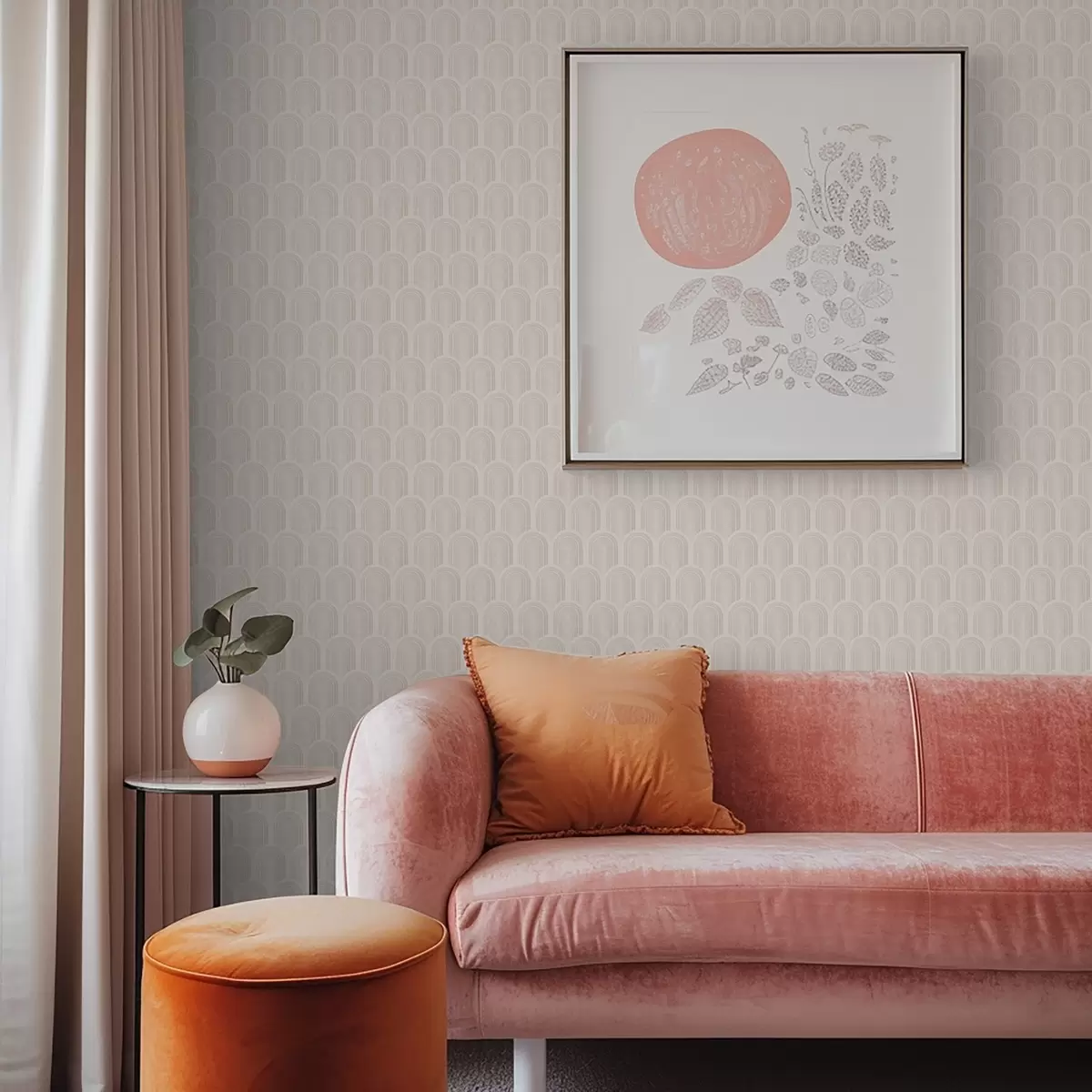 Wallpaper Row of arch shapes in soft beige stripes, retro mood a00923