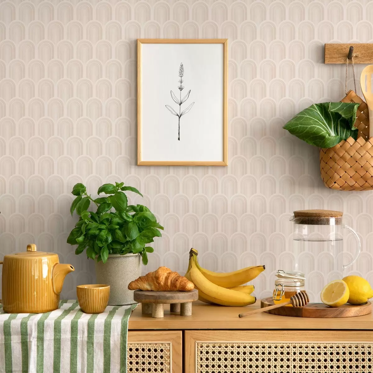 Wallpaper Row of arch shapes in soft beige stripes, retro mood a00923