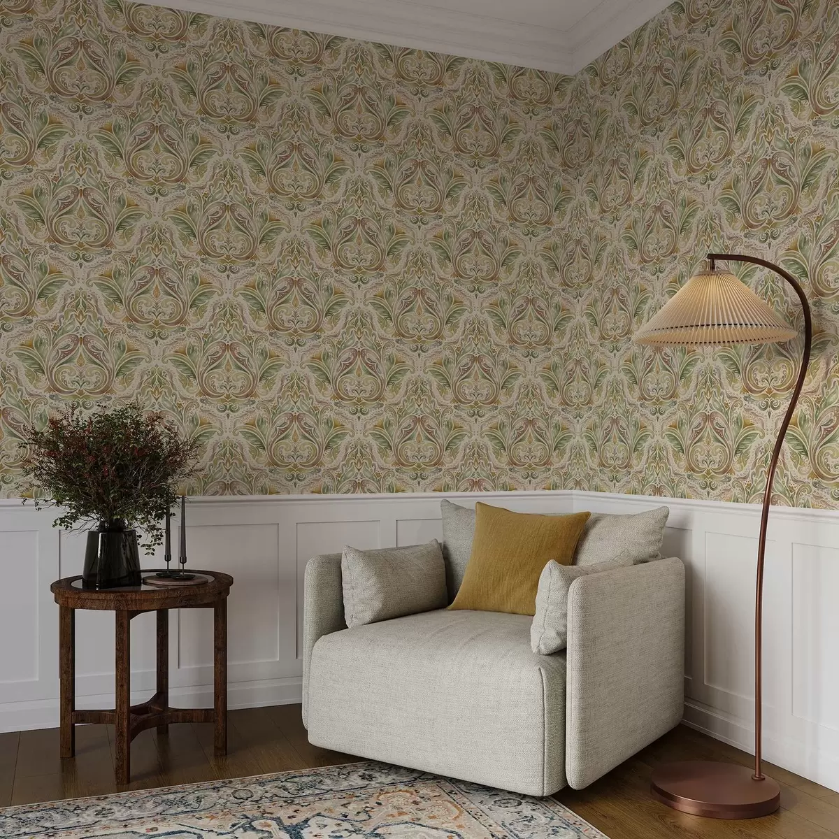 Wallpaper Watercolour leafy swirls in green and warm ochre tones a00927