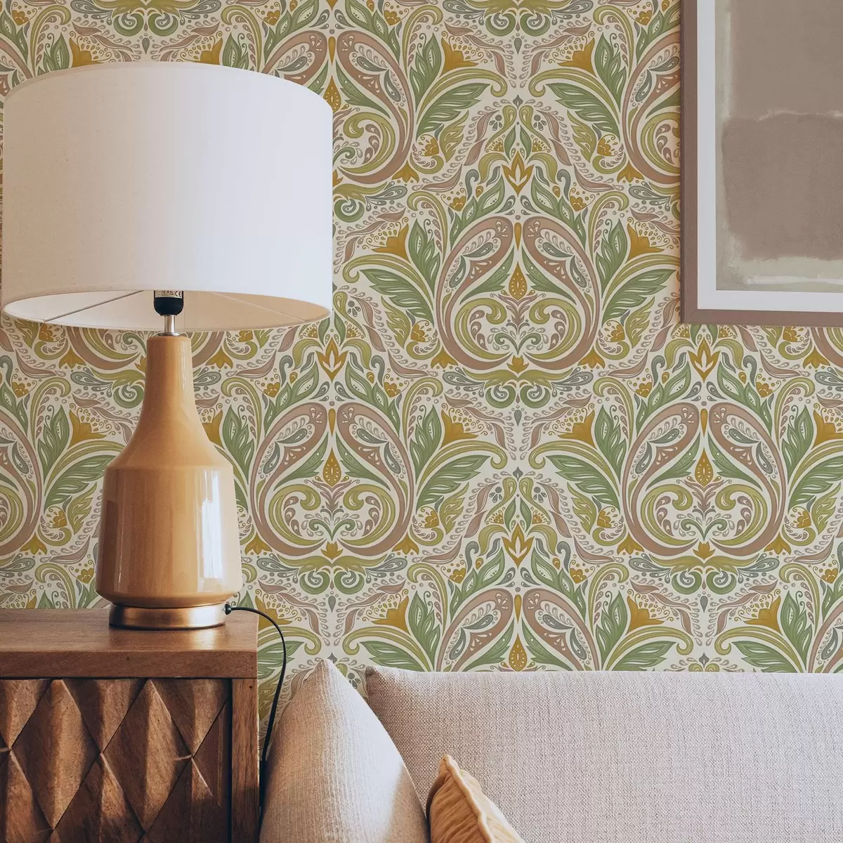 Wallpaper Ornamental leafy swirls in green and terracotta tones a00927v1