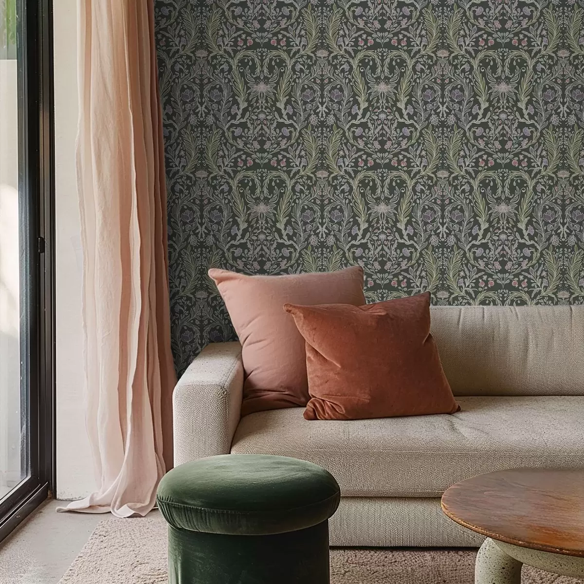 Wallpaper Symmetrical floral ornament on a dark green background a00928