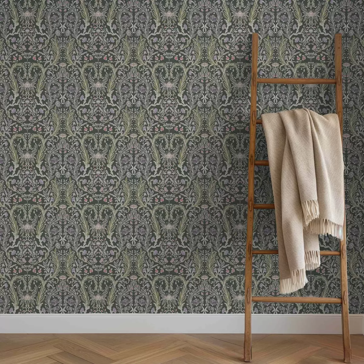 Wallpaper Symmetrical floral ornament on a dark green background a00928