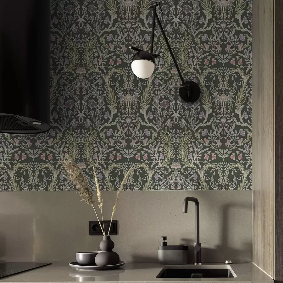 wall murals Symmetrical floral ornament on a dark green background a00928