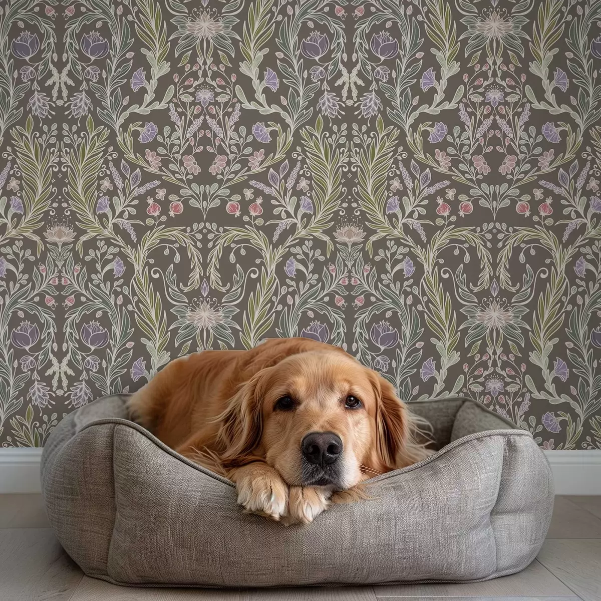 Wallpaper Symmetrical flowers and leaves on a brownish-grey background a00928v2