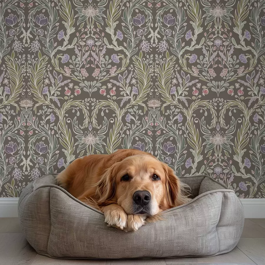 wall murals Symmetrical flowers and leaves on a brownish-grey background a00928v2