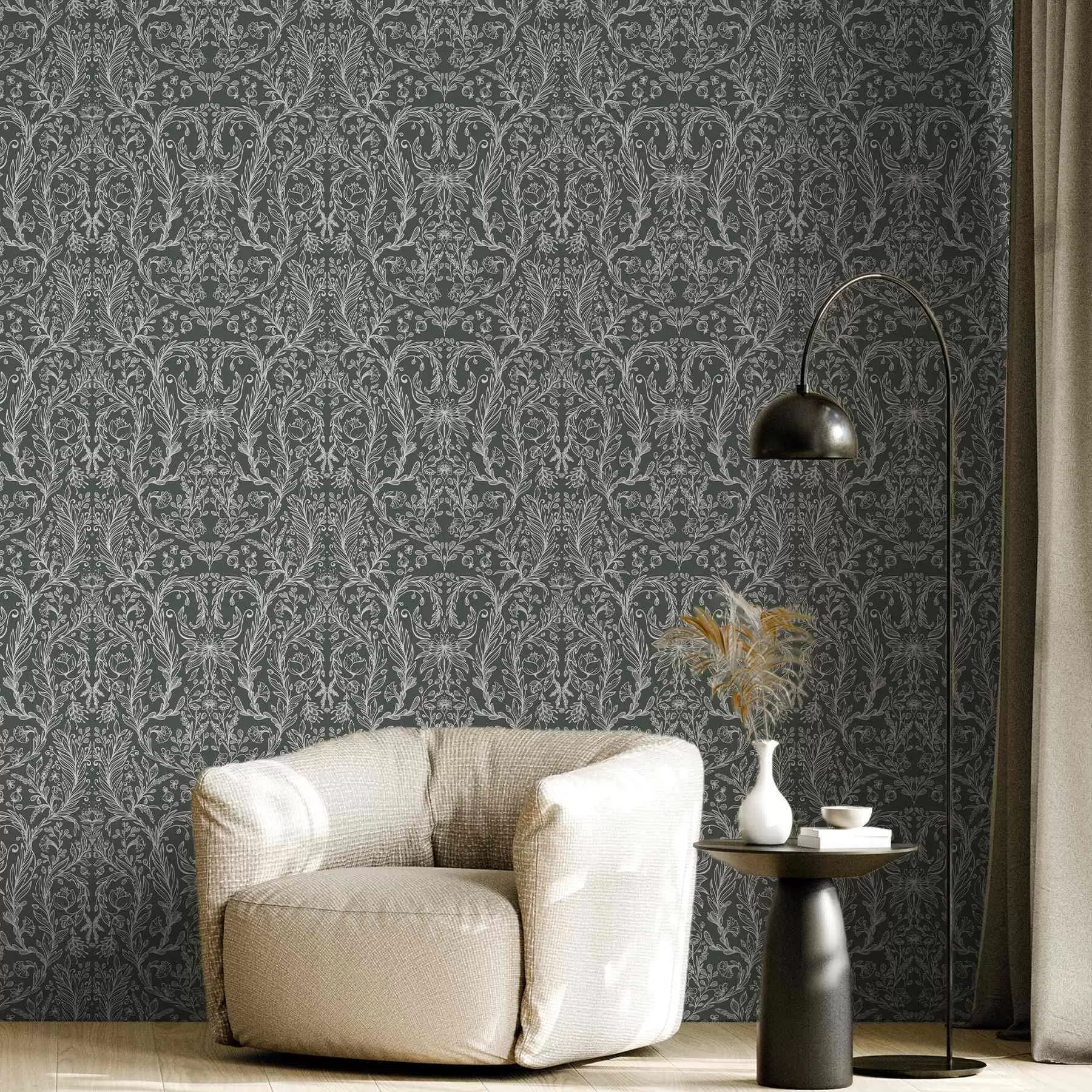 wall murals Linear floral pattern on a dark green background a00929