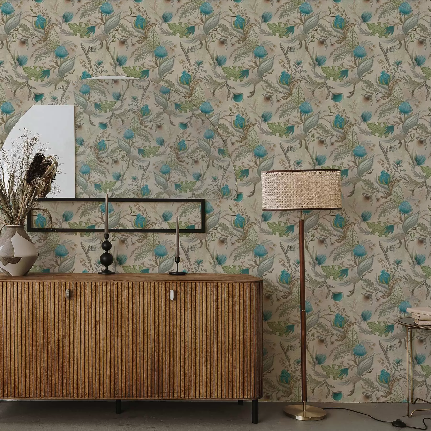 wall murals Blue buds and leaves on a light beige background a00930