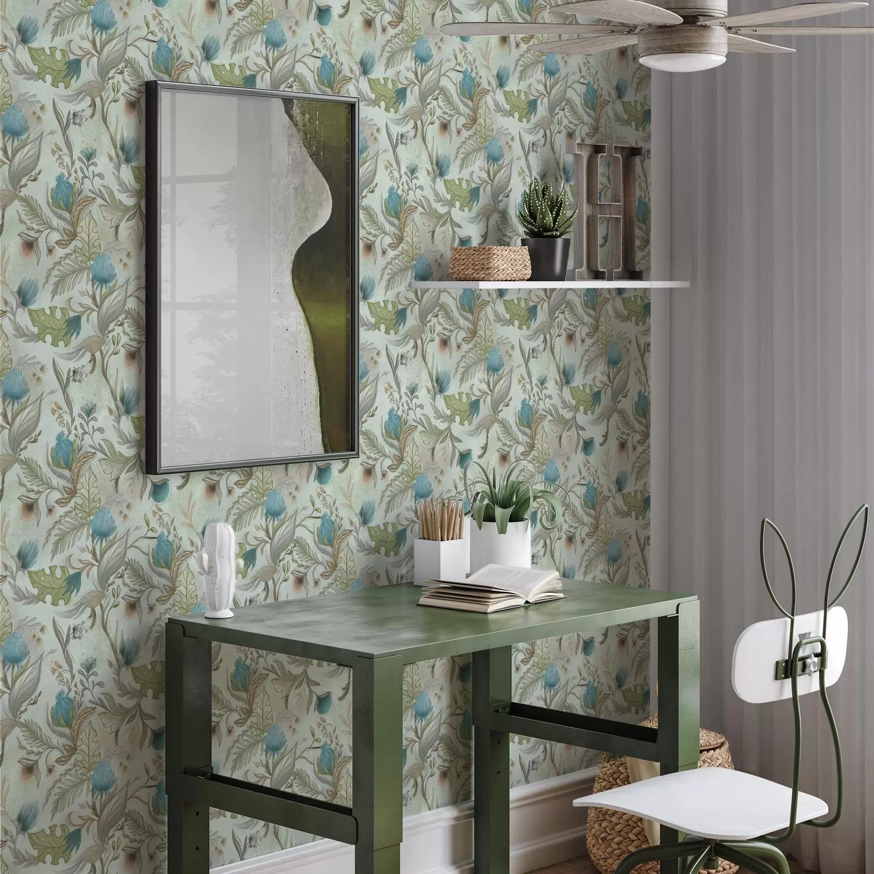 wall murals Blue flowers and greenery on a soft mint background a00930v1