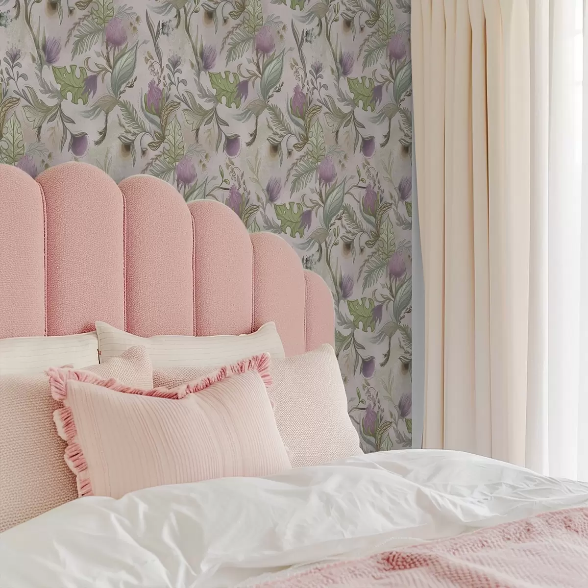 Wallpaper Lilac wildflowers and leaves on a powdery background a00930v3