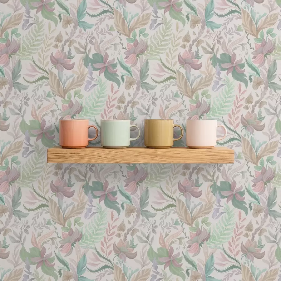 wall murals Delicate pastel flowers and leaves on a light background a00931