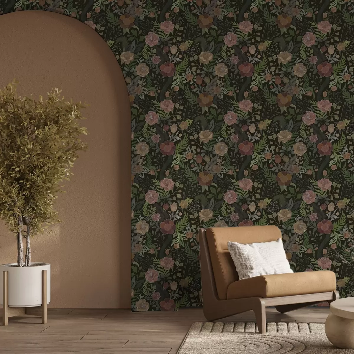 Wallpaper Rich flowers and greenery on a deep dark background a00932