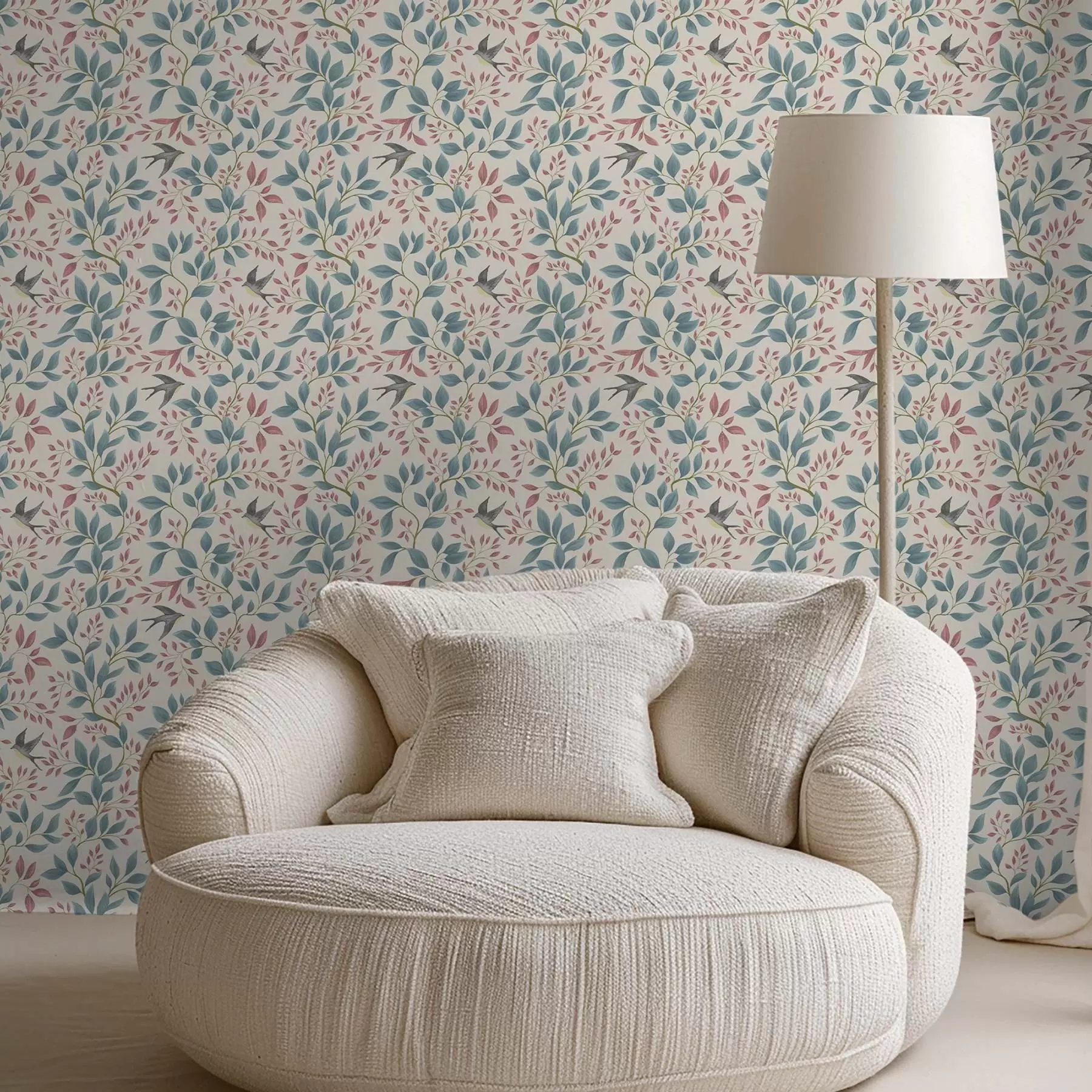 wall murals Blue and pink branches with birds on a cream background a00933