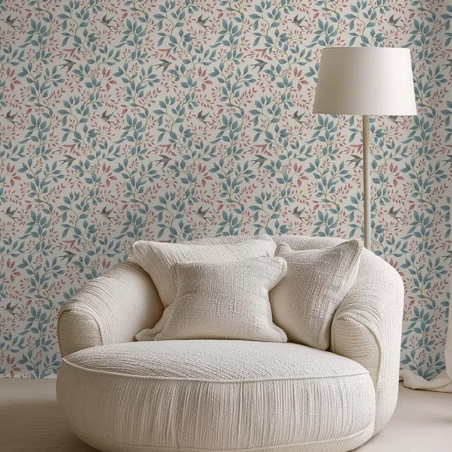 wall murals Blue and pink branches with birds on a cream background a00933