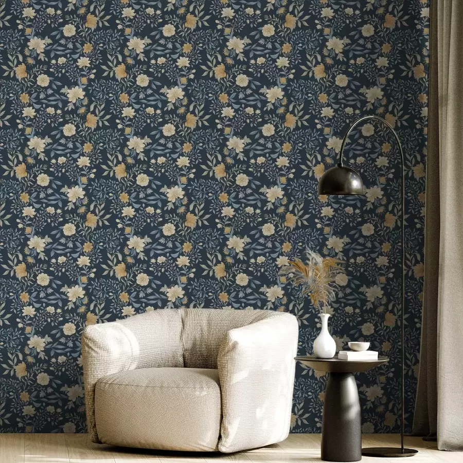 wall murals Yellow and blue flowers on a dark evening blue background a00934v1