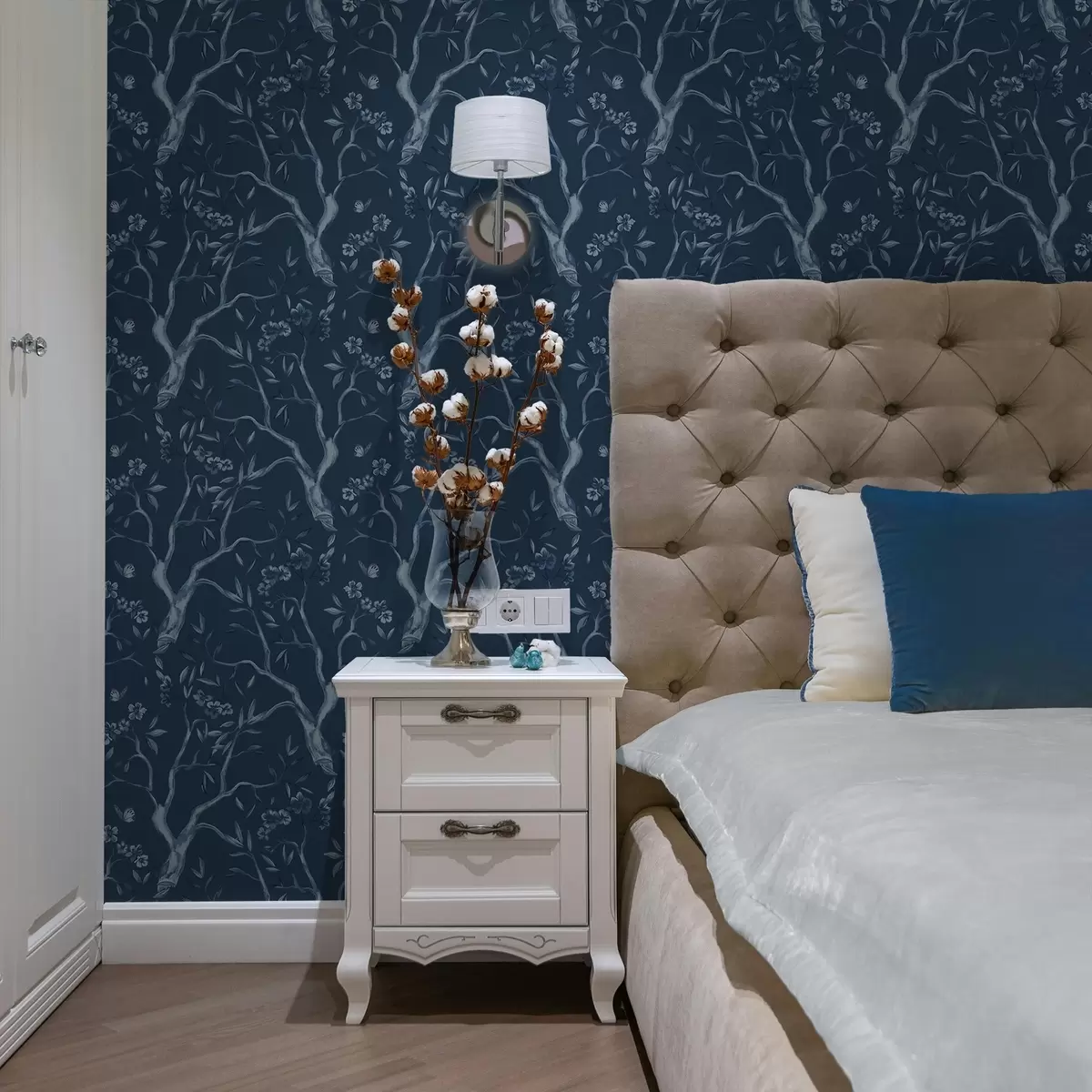 Wallpaper Blue flowering branches with butterflies on a dark background a00951v1