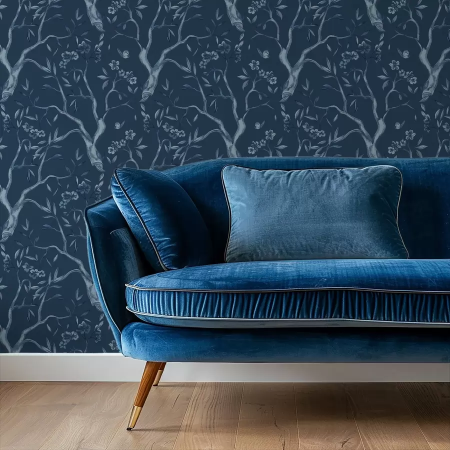 wall murals Blue flowering branches with butterflies on a dark background a00951v1